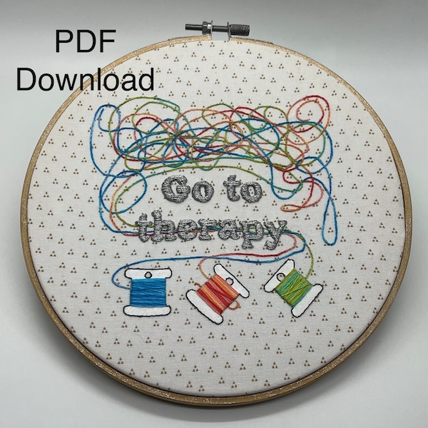 Go to Therapy Embroidery Pattern, PDF download, hand embroidery pattern, pdf pattern, therapy, mental health awareness