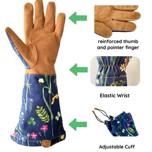 May include: A pair of blue gardening gloves with a floral print. The gloves have reinforced thumb and pointer fingers, an elastic wrist, and an adjustable cuff.