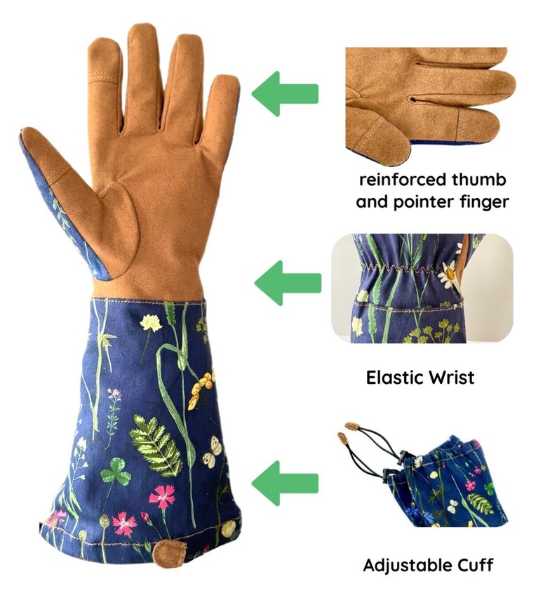 May include: A pair of blue gardening gloves with a floral print. The gloves have reinforced thumb and pointer fingers, an elastic wrist, and an adjustable cuff.