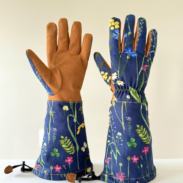 Gants de jardin fleuris : longs protège-bras en sergé de coton (taille S, M, L)