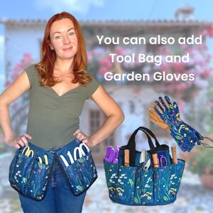 May include: A woman wearing a gardening tool belt with multiple pockets and a floral print. The belt is worn over blue jeans. A matching gardening tool bag with a floral print and multiple pockets is shown next to the woman. The bag is filled with gardening tools. A pair of gardening gloves with a floral print are also shown. The text "You can also add Tool Bag and Garden Gloves" is displayed above the image.