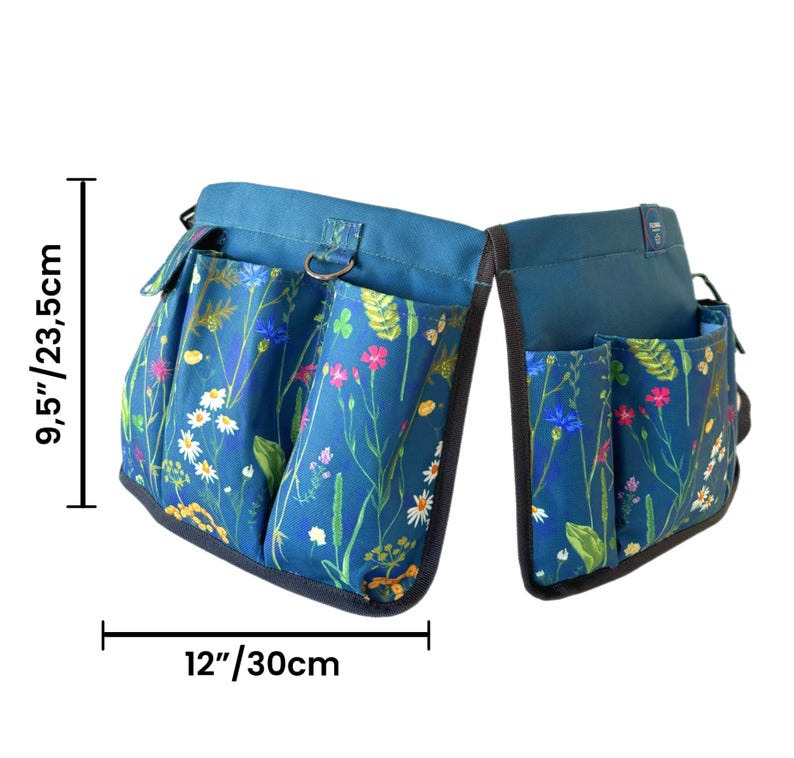 May include: A blue gardening tool belt with multiple pockets and a floral print. The belt is 9.5 inches tall and 12 inches wide.