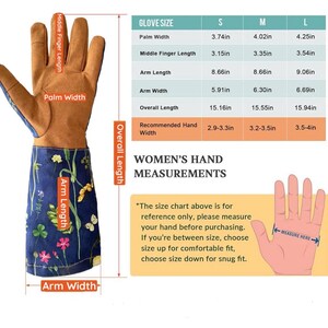 May include: A chart showing glove sizes for women's hands. The chart includes measurements for palm width, middle finger length, arm length, arm width, overall length, and recommended hand width. The chart is in inches. The image also shows a pair of gardening gloves with a floral pattern.