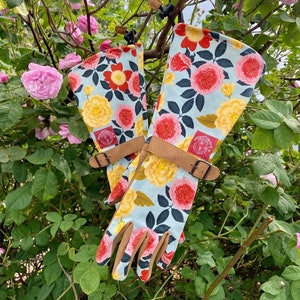 May include: A pair of floral gardening gloves with brown leather straps and buckles. The gloves have a light blue background with a floral pattern of pink, yellow, and red roses. The gloves are hanging from a rose bush.