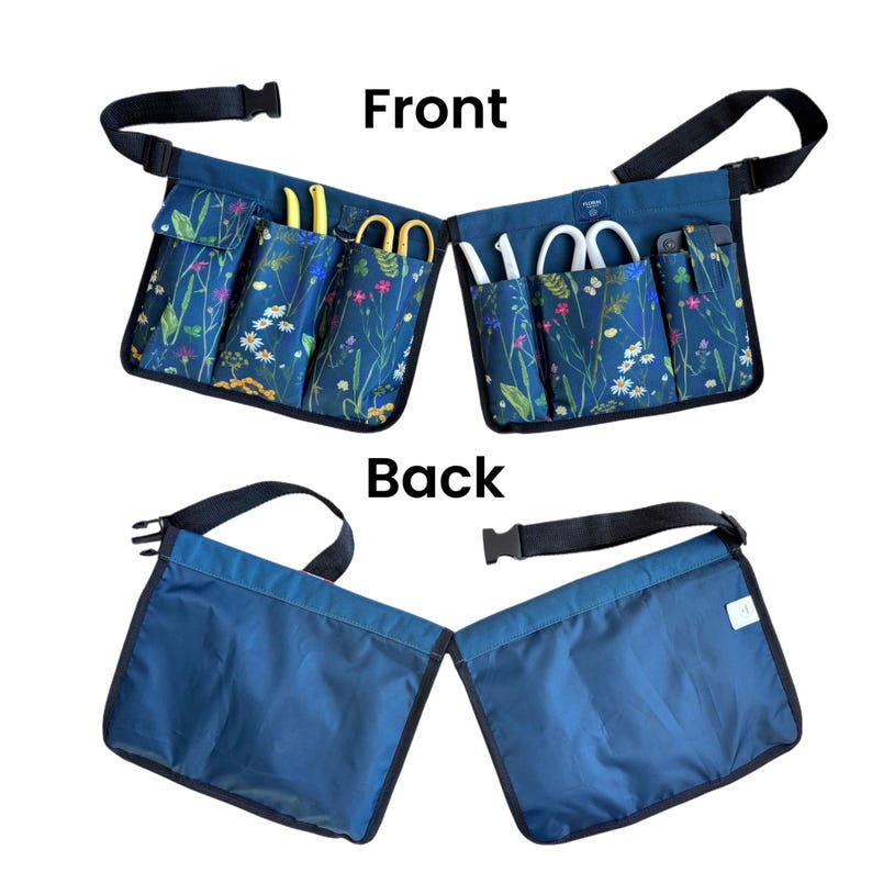 May include: A blue gardening tool belt with multiple pockets and a floral print. The belt has a black strap and buckle. The back of the belt is solid blue.