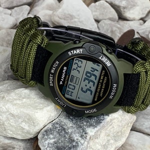 Survival Watch with Custom Made Army Green Adjustable Paracord Survival Paracord Watch Band 41 mm Digital Watch
