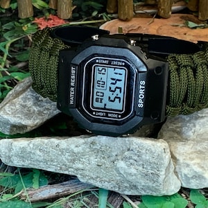 Adjustable Velcro Army Green Survival Emergency Paracord Watch Band G Shock Style Digital Watch  Any Wrist Size