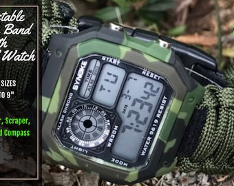 Army Green Adjustable Velcro Survival Emergency Paracord Watch Band with Green Camouflage 10 Function Digital Watch - ANY WRIST SIZE