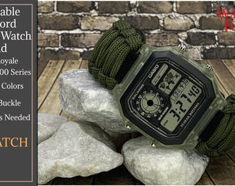 Casio Royale AE-1200 Series Black Adjustable Paracord Survival Watch Band Black Green Blue Many Colors Curved Buckle AE-1300 and AE-1400