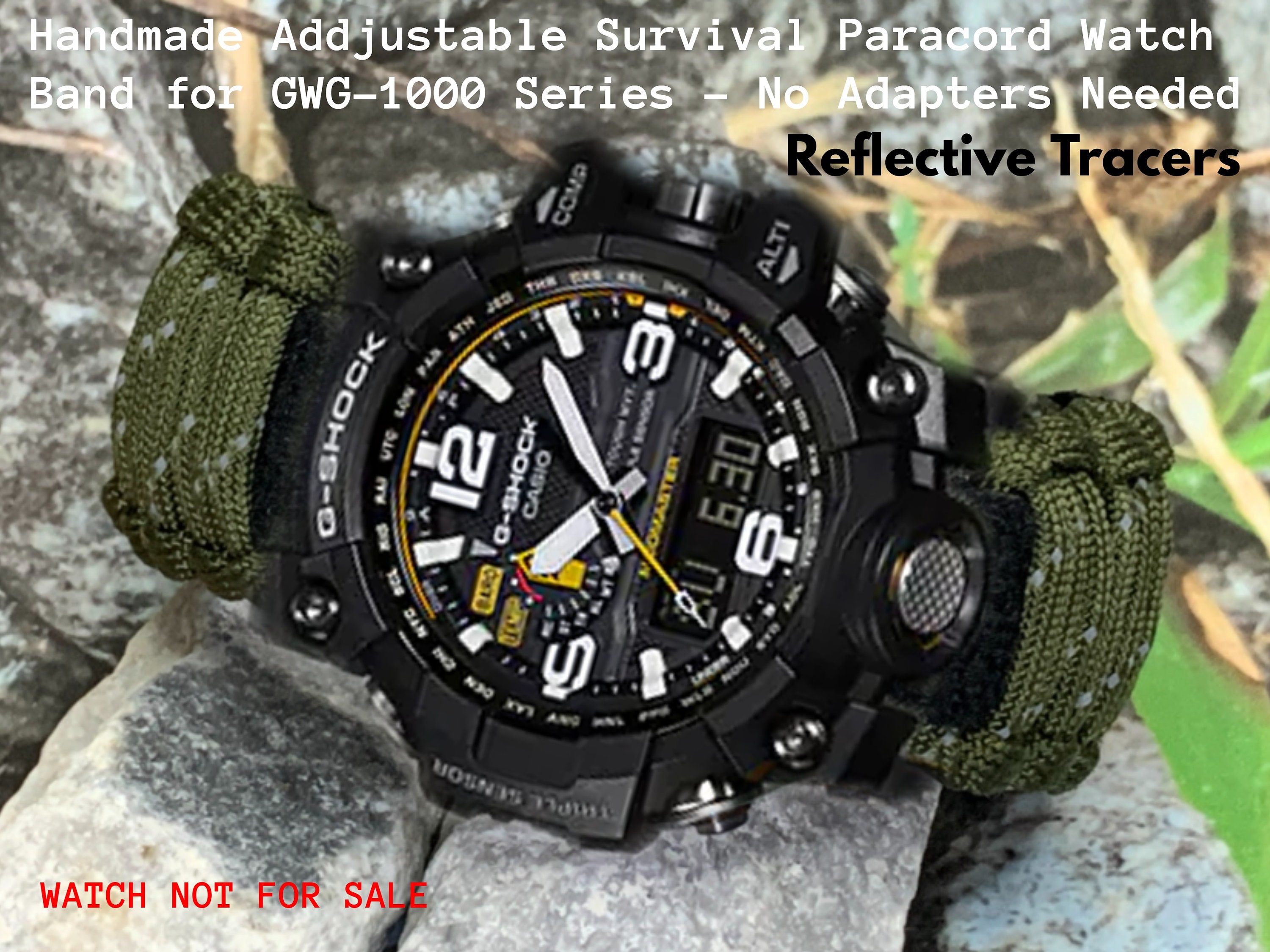 Black Army Green Reflective Tracers Adjustable Survival Paracord Watch Band  Fits Casio Mud GWG-1000 GG-1000 GWG-100 -  Hong Kong