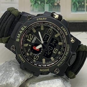 Survival Beige Black Digital Resin Watch 55mm Alarm Timer with Paracord Strap