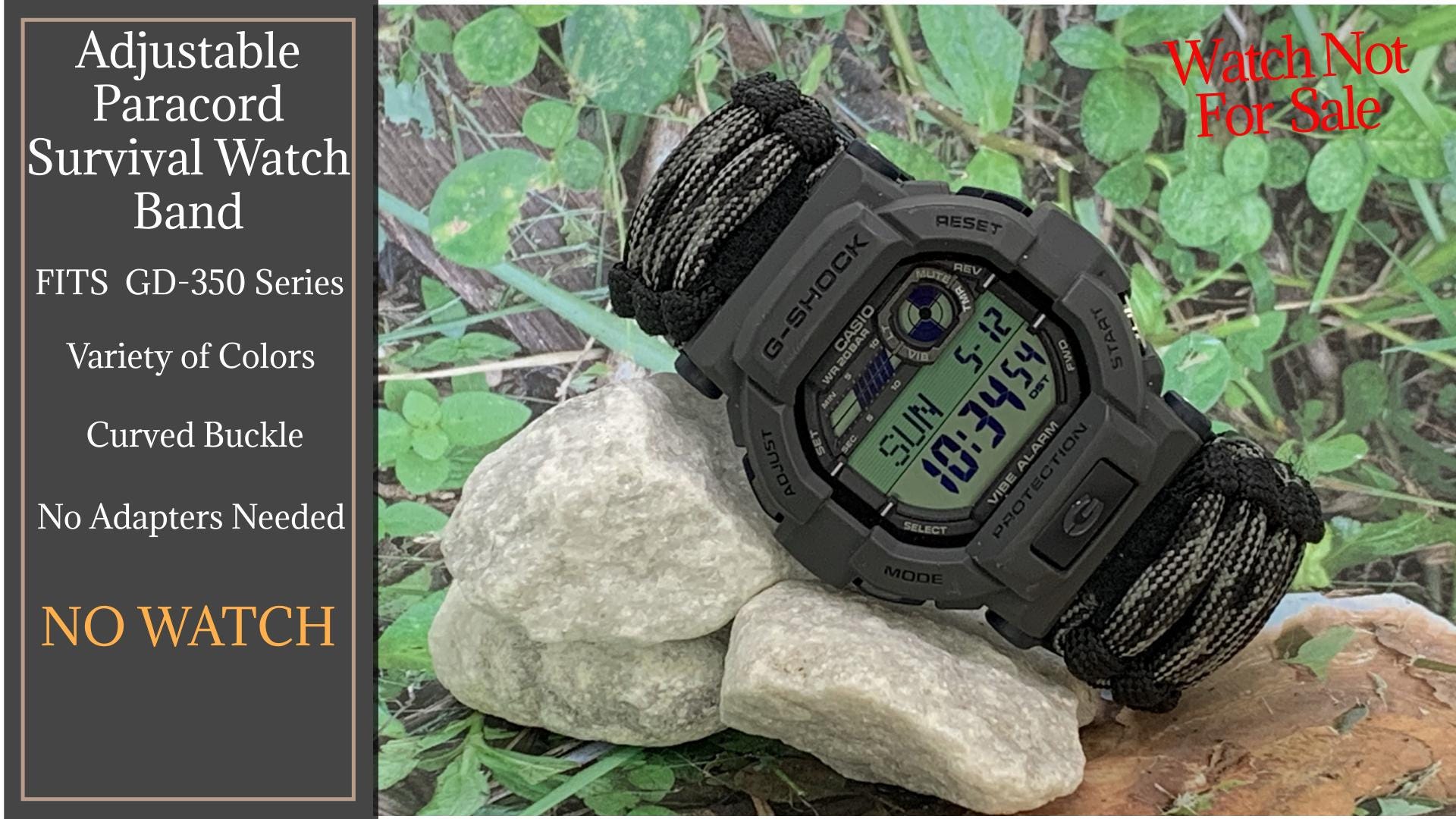 Casio G-Shock GD-350 Series Adjustable Paracord Survival Watch Band Black Army Green Desert Camouflage Red Curved Buckle