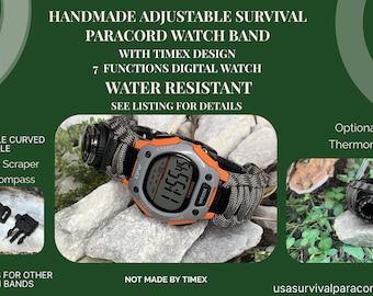 Dark Gray Handmade Adjustable Survival Paracord Band with Timex Style Digital Watch and Optional Thermometer