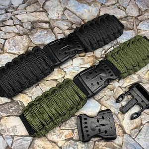 Black or Army Green 20 mm 22 mm Lug Adjustable  Paracord Survival Watch Band Fits Most 40 to 45 mm Size  Watches - Compact Curved Buckle