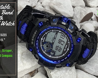 Handmade Adjustable Black 2 Lines Blue Survival Emergency Paracord Bracelet Watch Band Digital Watch - Large and Small Wrists