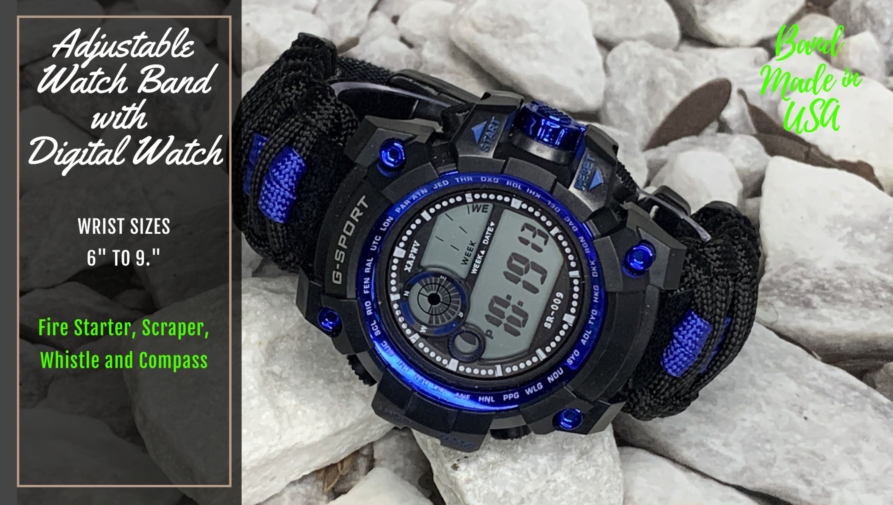 Handmade Adjustable Black 2 Lines Blue Survival Emergency Paracord Bracelet  Watch Band Digital Watch Large and Small Wrists 