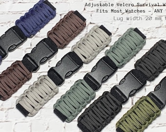 Handmade Paracord Watch Band: Adjustable Survival Strap, 20mm 22mm Lug Width