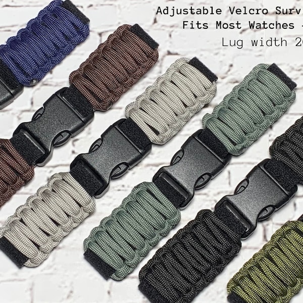 20 mm 22 mm Black Green Gray Brown Adjustable Survival Paracord Watch Band for Smartwatches Sports and Military Watches Fits Most Watches