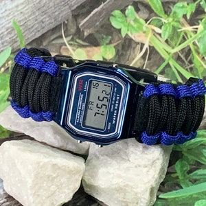 Women Two Tone Black Royal Blue Adjustable Survival Watch Band with Blue 37 mm Water Resistant Digital Watch - Casio Vintage Style Watch