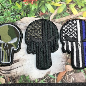 Punisher Military Tactical Patch: USA Flag, Police, Camo (Hook and Loop)