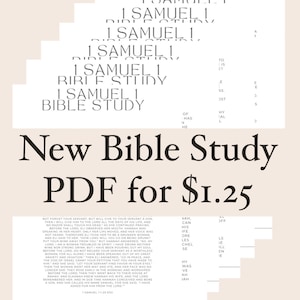 以下が含まれることがあります： セリフ体フォントで「1 Samuel 1 Bible Study」というテキストが書かれた白いPDFドキュメントのスタック。タイトル「New Bible Study PDF for $1.25」が大きなフォントで表示されています。一番下のドキュメントには聖書の詩が書かれています。