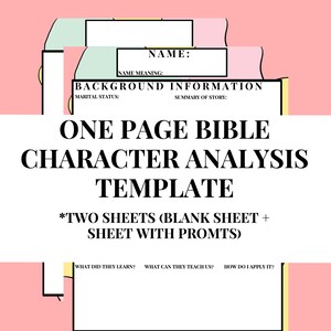 以下が含まれることがあります： 聖書キャラクター分析用のピンクと白のテンプレート。デザインには、名前、背景情報、ストーリーの概要のテキストボックスが含まれています。テンプレートには、学習とアプリケーションのプロンプトも含まれています。テキストは「ONE PAGE BIBLE CHARACTER ANALYSIS TEMPLATE」と表示されます。