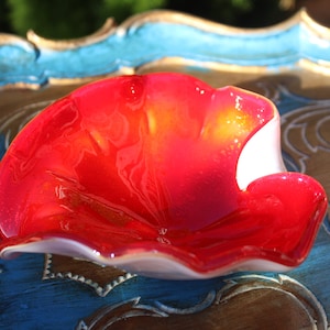 Vintage Art Glass Bowl, Red and White Cased Glass ,  Folded Edge Dish, Red Glass Trinket Dish, Murano Style, Ruby Red, Ruffled Edge Bowl