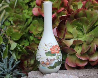 Vintage Otagiri Bud Vase, Japanese Vase, Small Vase, Bird Design, Floral, Gold Detail, Retro Flower Vase, Single Stem Vase, Off White