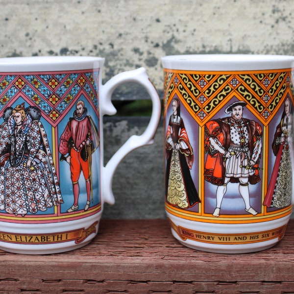 Pair of Vintage, English Bone  China Mugs, Sadler, Henry V111's Wives, and His Daughter Queen Eliazbeth 1, Historical English Coffee Mugs