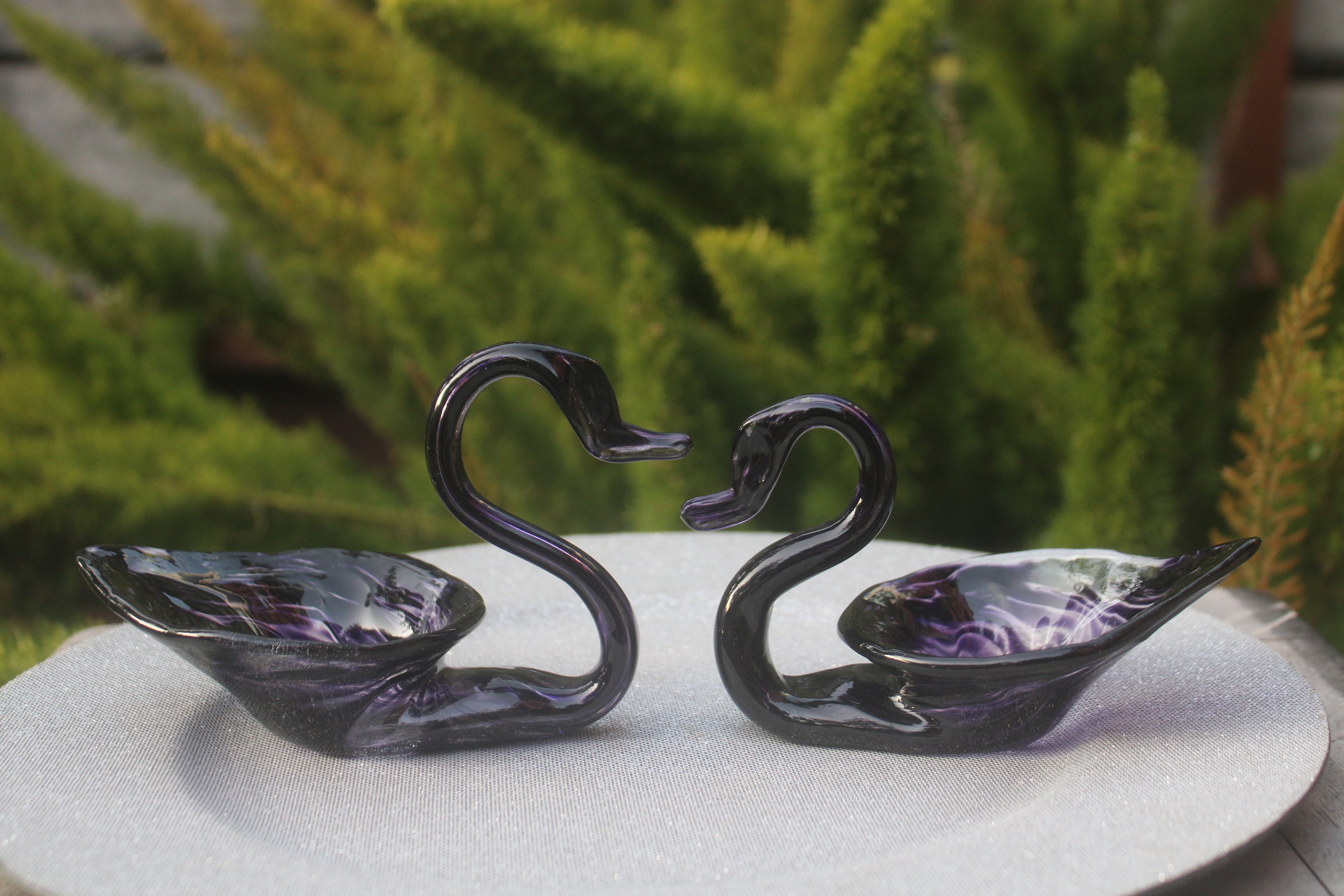 Vintage Set of 2 Glass Swans, Amethyst /purple Glass, Swan Dishes