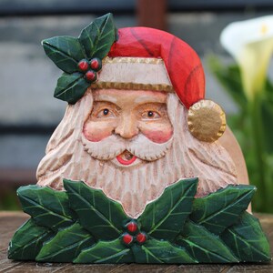 Vintage, servilletero de Navidad, dispensador de servilletas de Papá Noel, Papá Noel de madera, carrito de servilletas, decoración de mesa de Navidad, titular de la tarjeta de Navidad