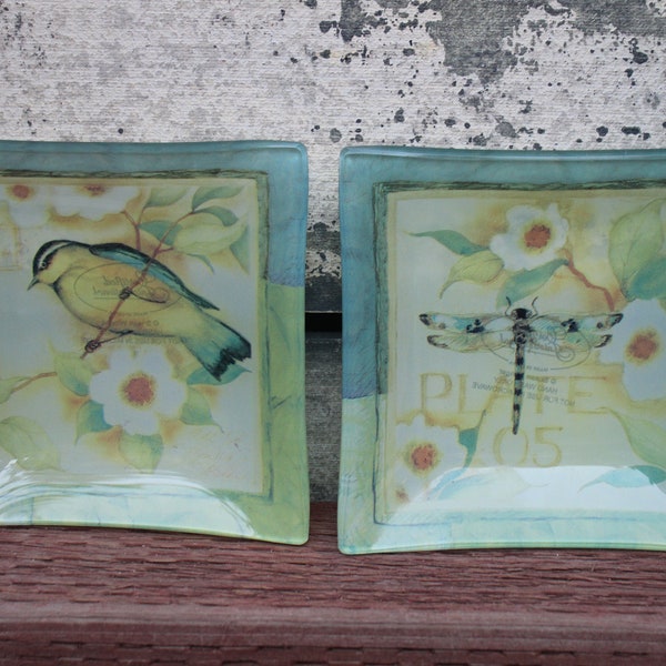 Set of 2 , Vintage Glass Trays, Susan Winget , Small Square Trays, Dragon Fly Plate, Bird Plate," Certified International," Trinket Dishes