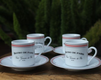 Set of 4 , Demitasse Cups with Saucers, "Bistro de Paris", Kiss That Frog, French Espresso Cups, Small Cups and Saucers