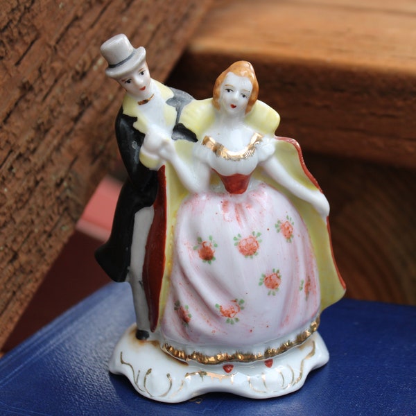 1940'S Figurine, Made in Occupied Japan, Porcelain, Courting Couple, Waltzing, Collectible Miniature Figures,  Japanese. 4 1/4 inches