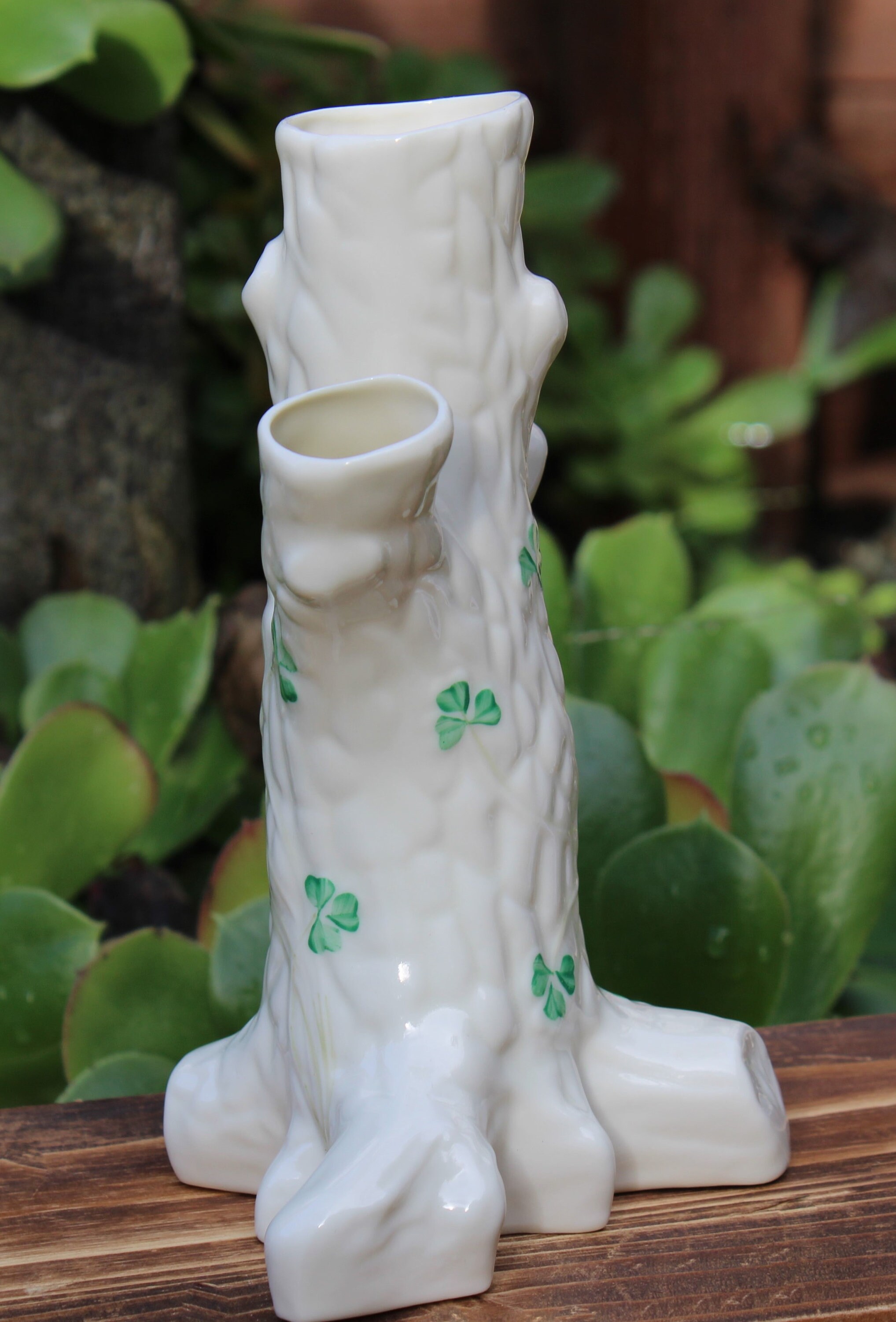 Belleek Tree Trunk Vase Irish China White with Green Etsy