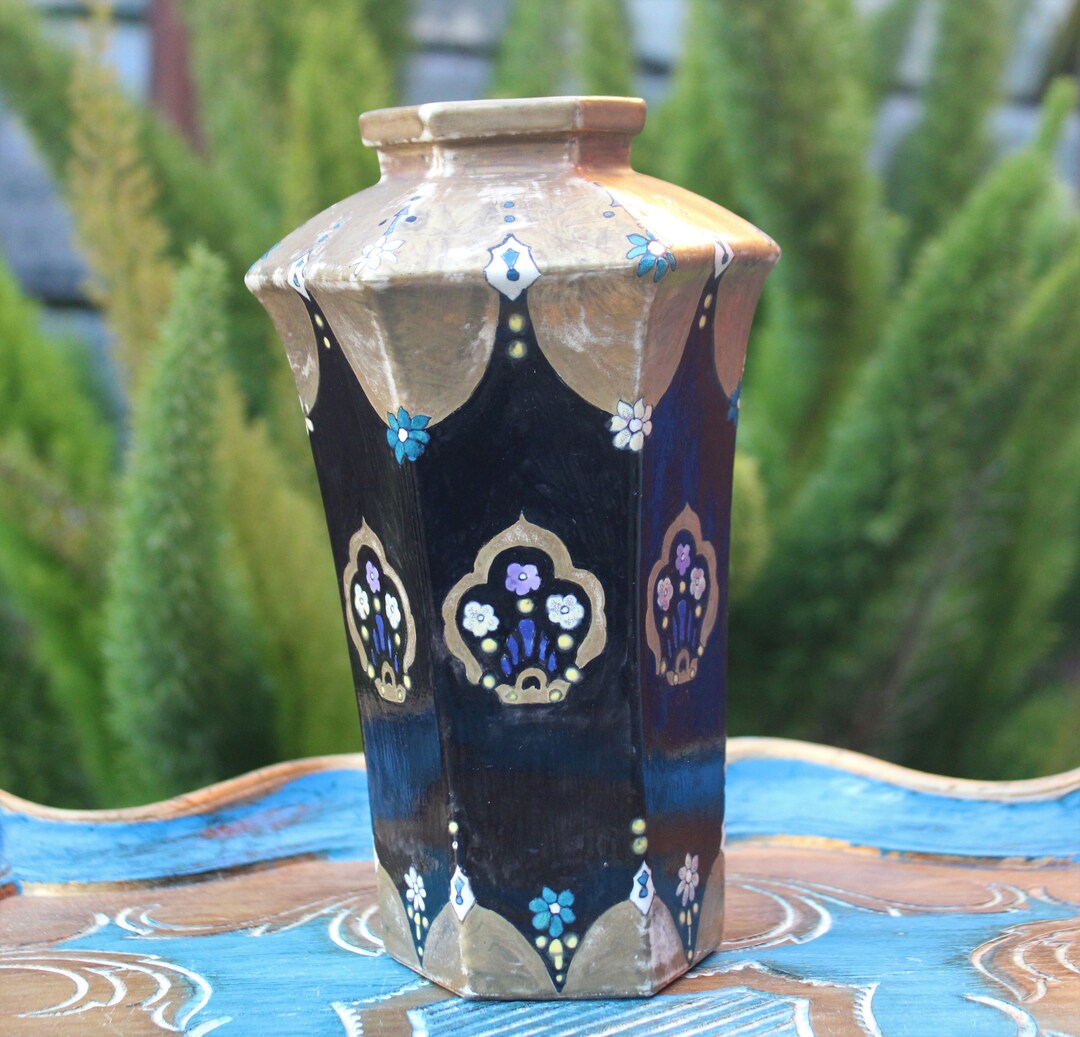 Vintage Vase, Hexagonal Vase, Hand Painted, Black and Gold, Blue