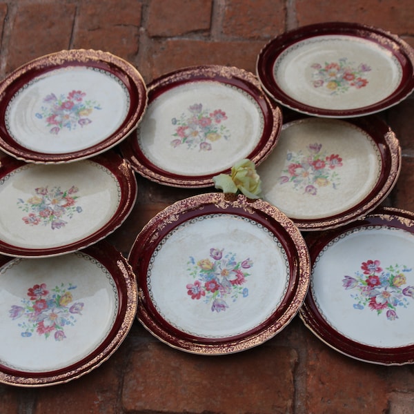 Rare, Set of 8, French Saxon China Co, 1930'S, Luncheon Plates, Union Label, 22 K gold Filigree, U.S.A, Scalloped Edge, 9 inch Burgundy Trim