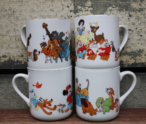 Vintage , Set of 4 Disney Mugs, 1960's,japan, Disney Characters, Coffee Cups,  Snow White, Pinocchio, Dumbo, Lady and the Tramp, Aristocats 