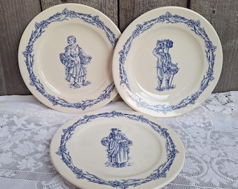 Juego de 3 platos vintage, Williams Sonoma, platos Blue Harvest, fabricados en Inglaterra, azul y blanco, platos de ensalada, estilo cottagecore, descatalogados.