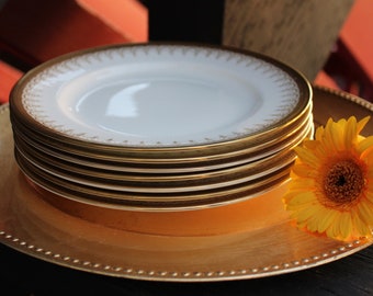 Rare, Set of 7, Vintage, Royal Albert Bone China Plates, 1966, Paragon, "Athena", English Salad or Dessert Plates, Gold Trim