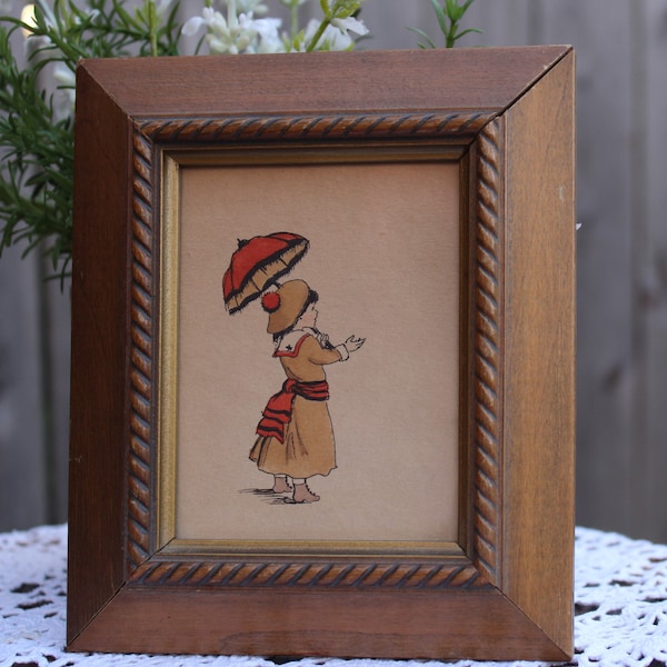 Vintage Picture,Little  Girl in A Sailor Dress with a Parasol, Small , Wooden Frame, Victorian Clothes, Rectangular, 6 1/2 x 5 1/2 ins, Old