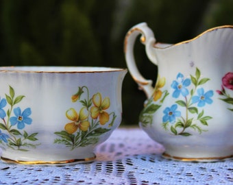 Paragon Creamer and Open Sugar Bowl Set , English Bone China,  White with Pink Yellow and Blue flowers. Gold Trim