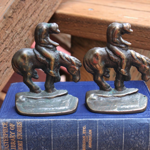 Metal Book Ends, The End of The Trail, Bronzed Metal, Western.  Vintage South Western Decor, Patina. Rider with Horse, Cast Metal.