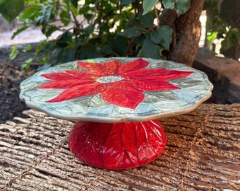 Vintage Gibson Cake Stand, Hand Painted, Noble Poinsettia, Pedestal Cake Plate, Christmas Cake Stand