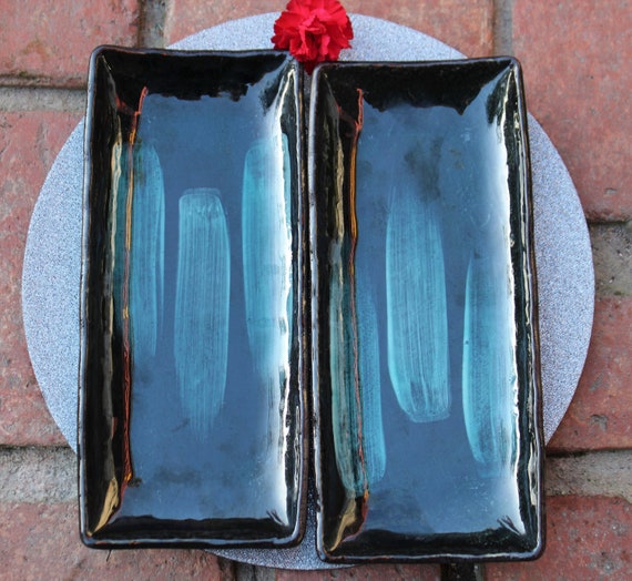 Set of 2, Serving Trays, Rectangular Platters, Green and Black Pottery, Appetizer Plates, Sushi or Sashimi Trays, Shiny Glaze, Footed Plates