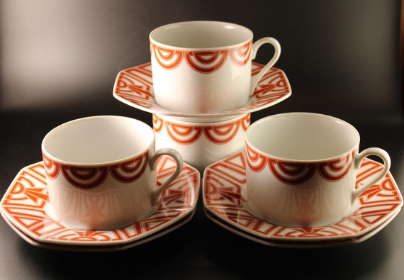 Set of 5, Fitz and Floyd Cups and Saucers,the Ritz, Terracotta