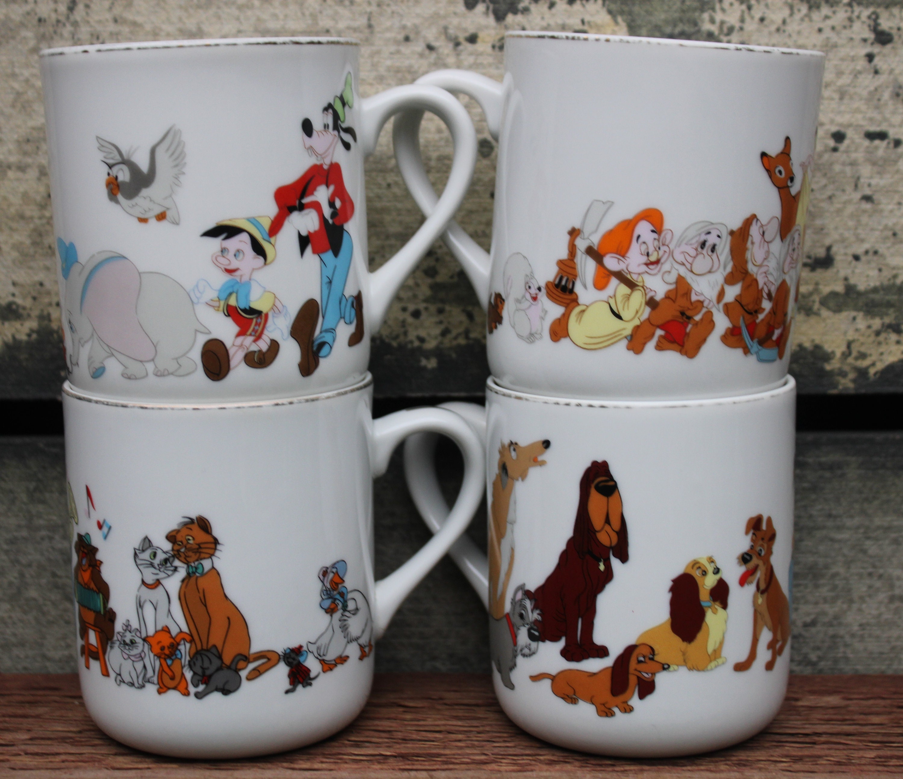 Vintage , Set of 4 Disney Mugs, 1960's,japan, Disney Characters, Coffee Cups,  Snow White, Pinocchio, Dumbo, Lady and the Tramp, Aristocats 