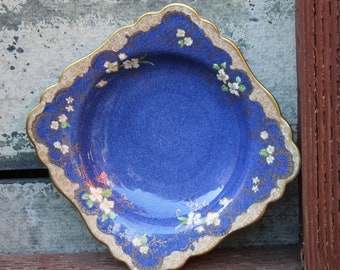 Rare, Crown , Staffordshire, Made in England, Cobalt Blue Bowl, Square Bowl, White Flowers,  Gilt Trim, Shallow Bowl, Trinket Dish