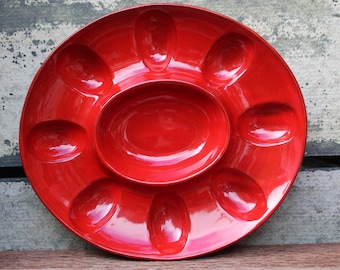 Vintage , Joseph Magnin, Red Egg Plate, Devilled Egg Plate, Italian Platter, Egg Serving Tray, Oval Egg Tray, Ceramic, Egg Holder