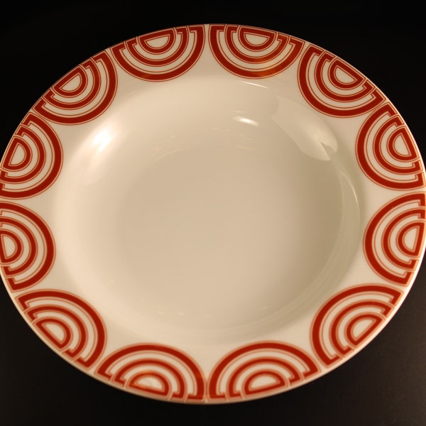 Set of 7 ,Fitz and Floyd, The Ritz, Rimmed Bowls, 1970's, Geometric Design, Terracotta, White, China, Art Deco , Soup or Salad Bowl, Japan,